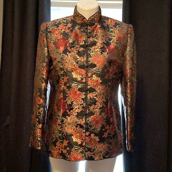Chinese Tangzhuang floral brocade jacket with frog closures and hidden pocket M - Picture 1 of 12